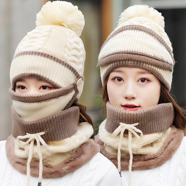 Chapeau chaud d'hiver pour femme, cache-nez, écharpe, bonnet tricoté en  laine, rembourré en velours