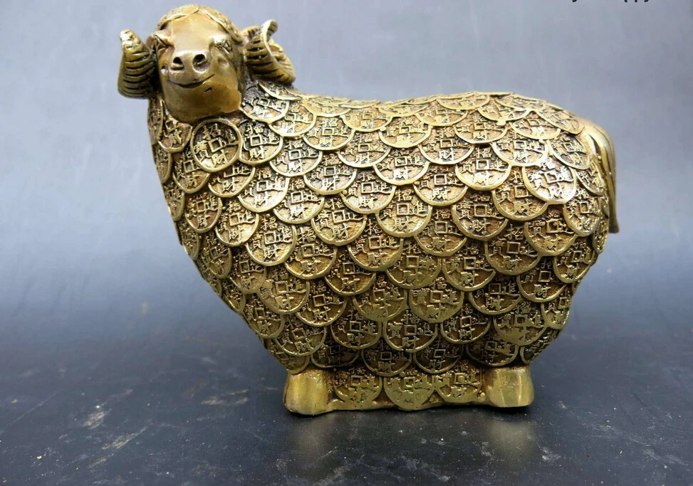 

China Copper Brass Fengshui Many Money Wealth Sheep Goat Carved Statue sculpture