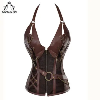 

TOPMELON Steampunk Corset Bustier Gothic Corset Women Corselet Sexy Corset Halter Retro Chains Rivet Steel Boned New Tops 6XL