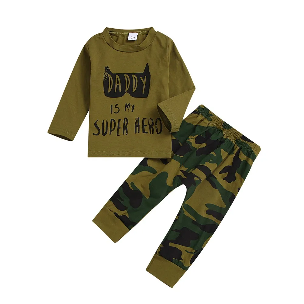 

Baby Long Sleeve Letter Print Tops Clothing + Camouflage Pants Two-Piece Set Newborn Boys Girls Fashion comfortable set Clothes