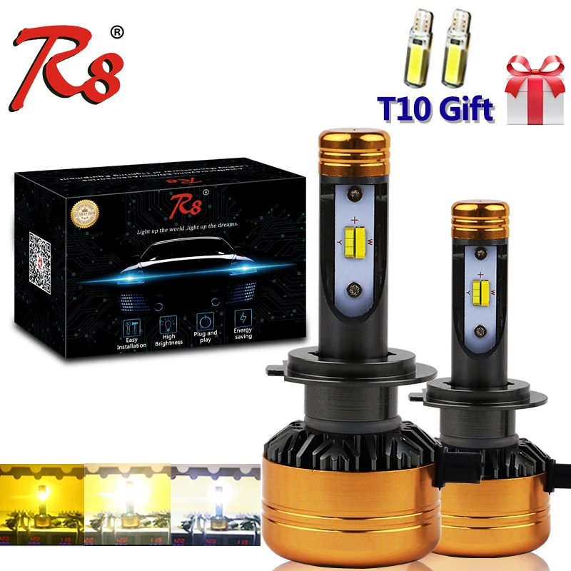 

R8 Z5 Tricolor Three Colors Auto LED Headlight Bulb H1 H3 H7 H8 H11 880 H4 50W 5800LM 6500K 3000K 4300K White Yellow Dual Colors