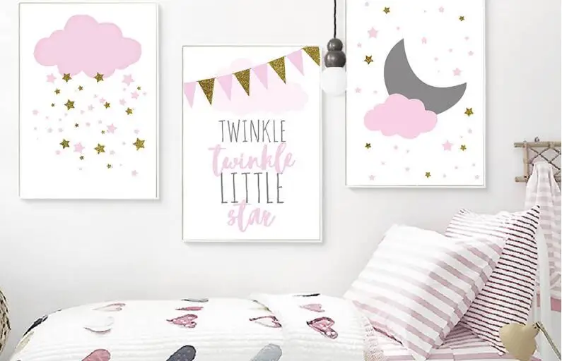 

Kawaii Pink Twinkle Star Cloud Home Decor Nursery Poster Nordic Wall Art Canvas Prints Painting Picture Children Room Decoration
