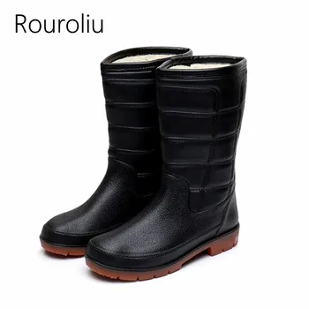 

Rouroliu Men's Winter Boots with Fur Thick Warm Mid-Calf Rainboots Wellies Waterproof Non-Slip Fishing Work Shoes RB66