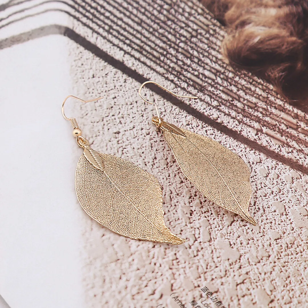 Vintage Leaves Earrings Necklaces Shellhard Long Natural Real Dipped Leaf Leaves Dangle Earring Ethic Women Jewelry 4Colors