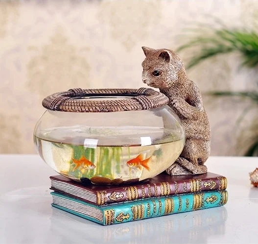 Жадная фигурка кошки аквариумное украшение из смолы и стекла аксессуары для