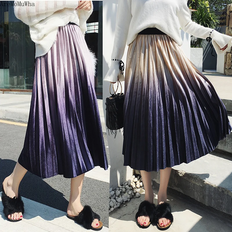 

AreMoMuWha Gold Velvet Pleated Skirt Female 2019 Autumn and Winter Long Pleated High Waist Gradient Color A Word Long SkirtQX837