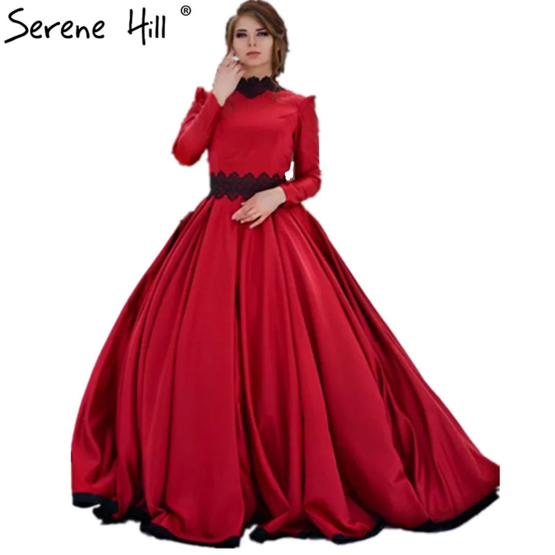 

Satin Wedding Gowns Red Long Sleeves Wedding Gowns High Neck Casamento Bridal Gown Robes De Mariees 2019 Serene Hill HA2021