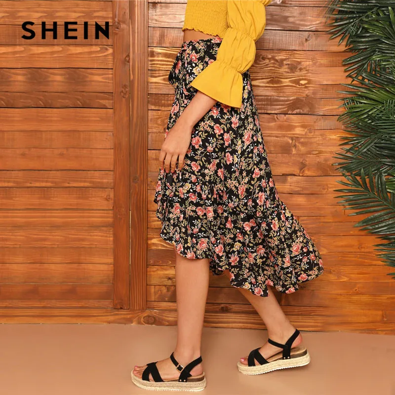 SHEIN Асимметричная Юбка С Цветочным Принтом, Летняя Юбка На Запах