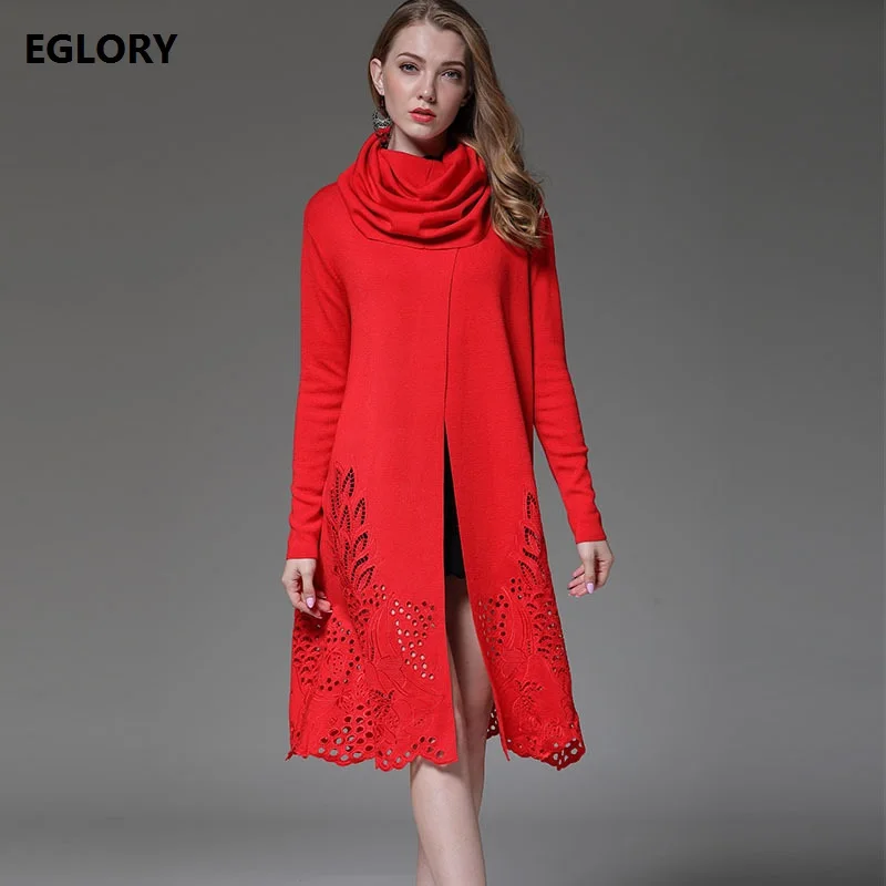 Высокое качество, Брендовое Модное Длинное платье-свитер, Осень-зима, водолазка, с вышивкой, с длинным рукавом, трикотажное платье, 2XL