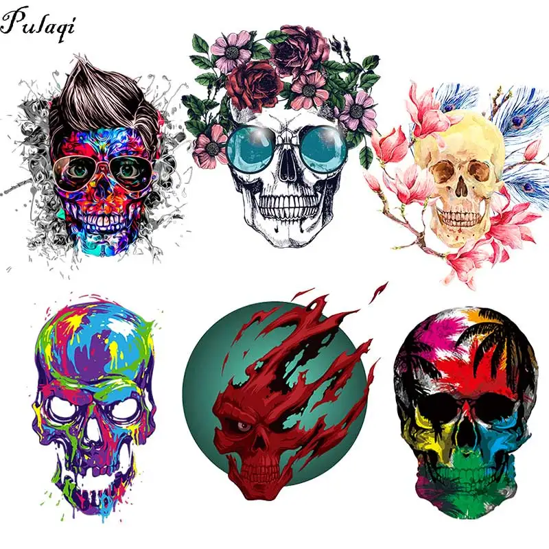 

Pulaqi Skull Iron On Transfers For Clothing Fashion Stickers T-shirt Thermal Patches For Clothing Skull Stickers For Motorcycles