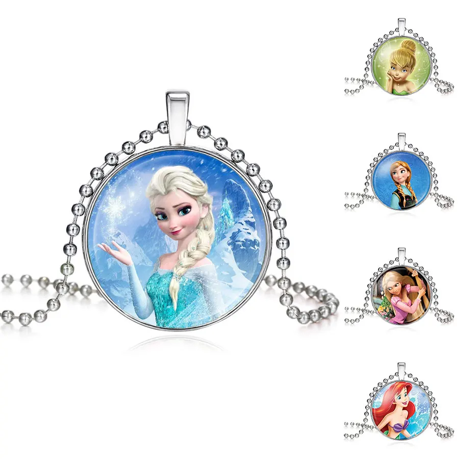 

2018 New Fashion Ladies Long Chain Snow Queen Necklace Jewelry Glass Cabochon Princess Elsa Anna Necklace Pendant For Girls
