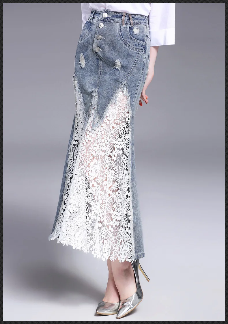 2017 Spring New Women Denim skirt Classic Bodycon High Waist Lace patchwork High quality Long