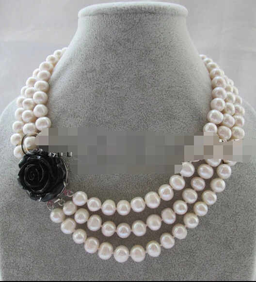 

huij 003460 3row 9-10mm white round freshwater pearl necklace - black flower GP clasp