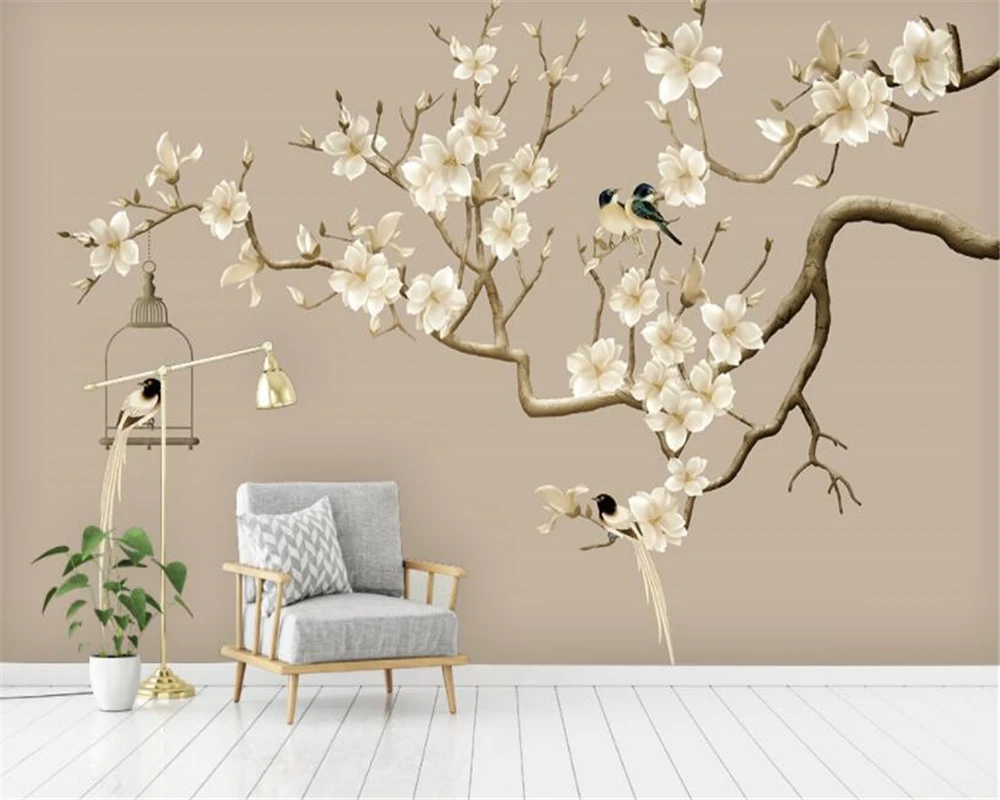

Beibehang 3d wallpaper hand-painted flower bird illustration Magnolia flower hand painted tv backdrop wallpaper for walls 3 d