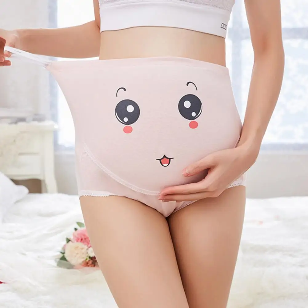 High Waist Belly Support Pregnant Women Underwear Cartoon Face Pattern Panties Breathable Cotton Adjustable Maternity Underwear