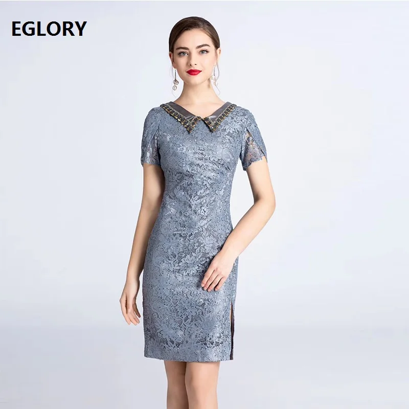 

Vestidos Feminino 2019 Summer Fashion Sexy Party Event Dresses Women Turn-down Collar Split Sexy Bodycon Sheath Dress Grey XXXL