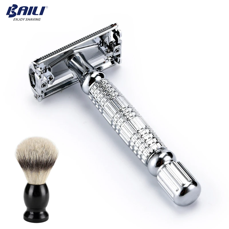 

BAILI Classic Double Edge Manual Barber Wet Shaving Blade Safety Razor Shaver Knife Epilator for Men +Horse hair Brush BD179