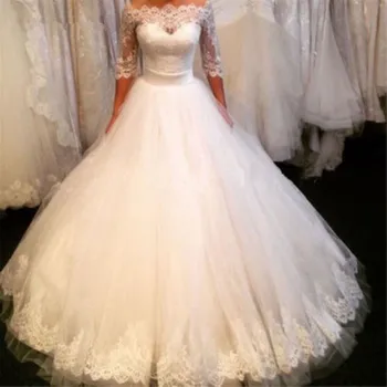 

Half Sleeves Vestido De Noiva 2019 Muslim Wedding Dresses Ball Gown Tulle Lace Appliques Boho Dubai Arabic Wedding Gown Bridal