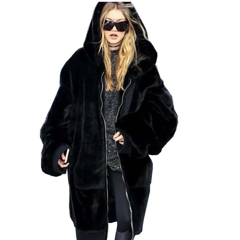 

Newest Fashion Women Winter Hooded Faux Rex Rabbit Fur Coat Thick Warm Fur Zipper Outerwear SHD-076