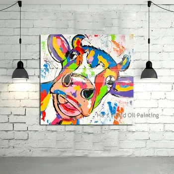 

Canvas Painting Hand Painted Cartoon Animal Oil Painting Abstract Lovely Cow Wall Picture Children's Room Living Room Home Decor