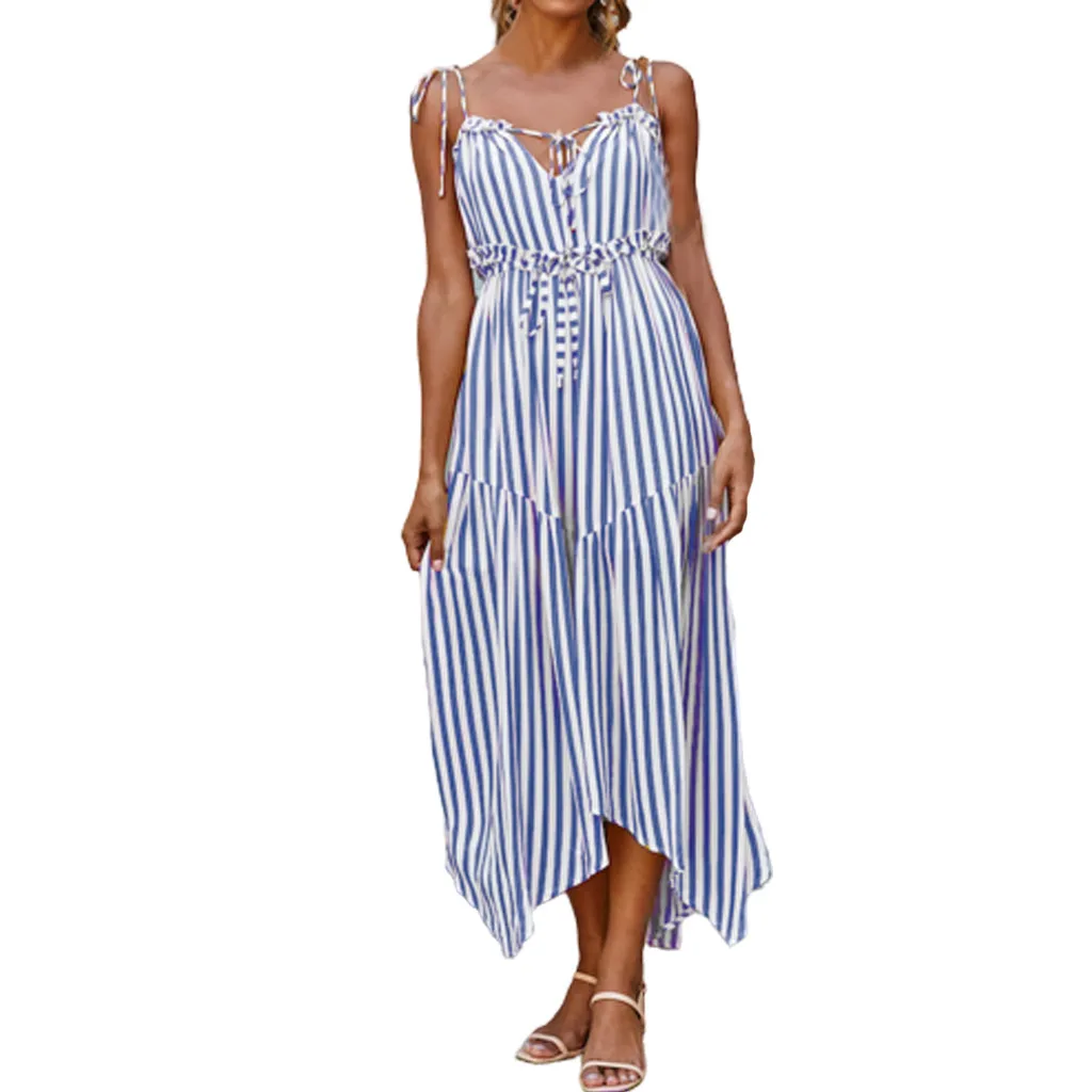 

2019 summer dress Women Summer Sleeveless Casual Loose Swing Off Shoulder Dress Striped Dress robe femme ete vestidos verano