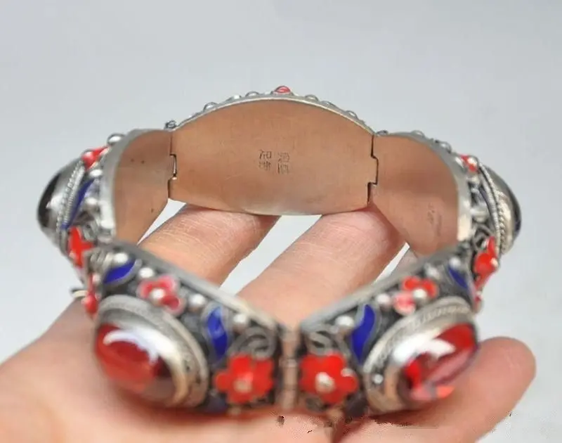 

shipping>>>>7.88 inch/Chinese ancient palace in Tibet silver cloisonne inlaid ruby bracelet 5.24
