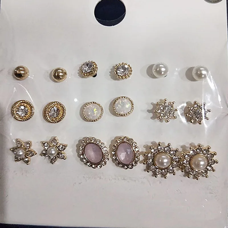 

9 Pairs/lot Royal Luxury Charm Stud Earrings Set For Women Elegant Oval Gems Dazzling Crystal Flower Pendientes Oorbellen 2019