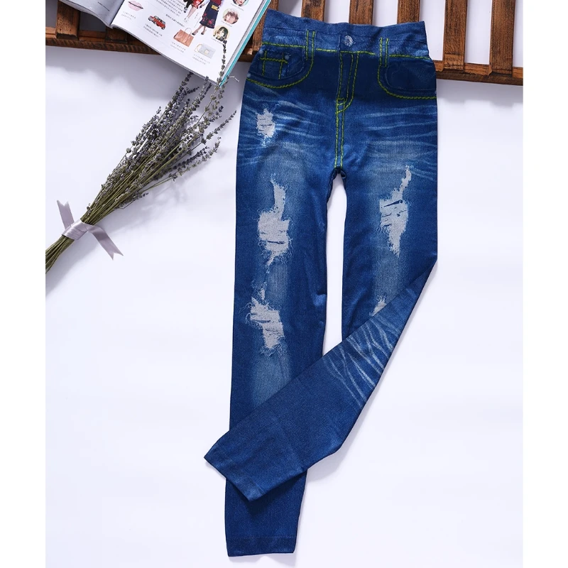 Женщины Синий Черный Высокая талия Faux Denim Stretch карандаш брюки джинсы леггинсы