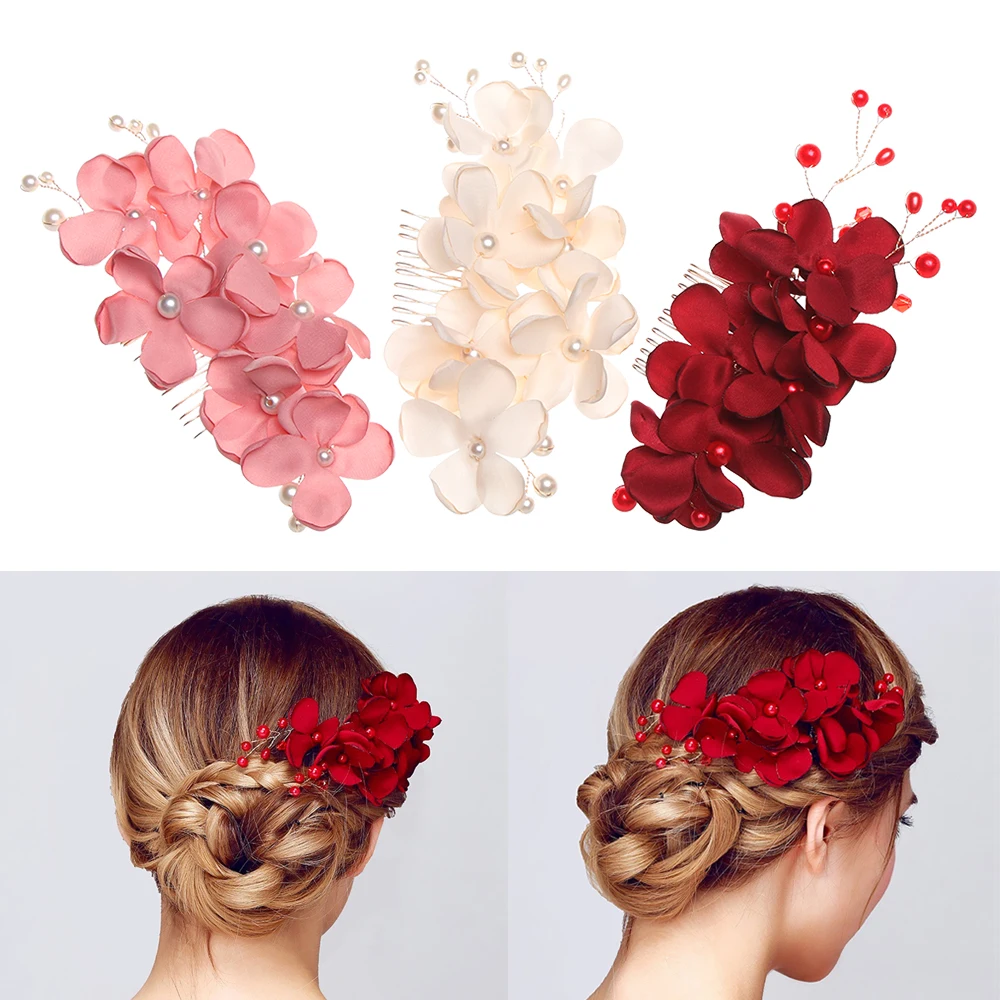 

1Pcs Luxury Red Pink Flower Hair Combs Headdress Prom Bridal Wedding Hair Accessories Elegant Pearl Hair Jewelry Hair Pins Gifts