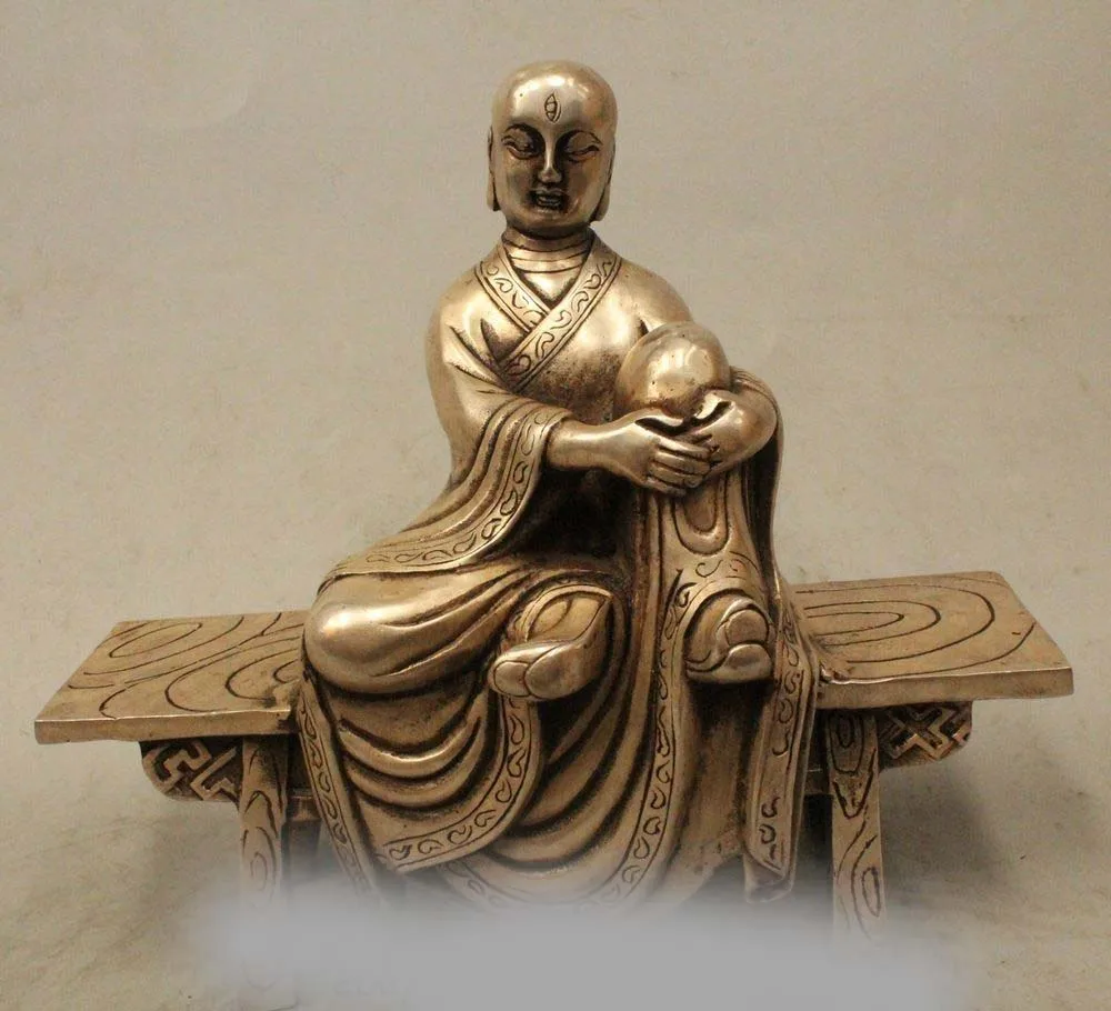 

9" Chinese Silver Buddhist 3 Eyes Arhat Monk Buddha Sitting Stool Chair Statue