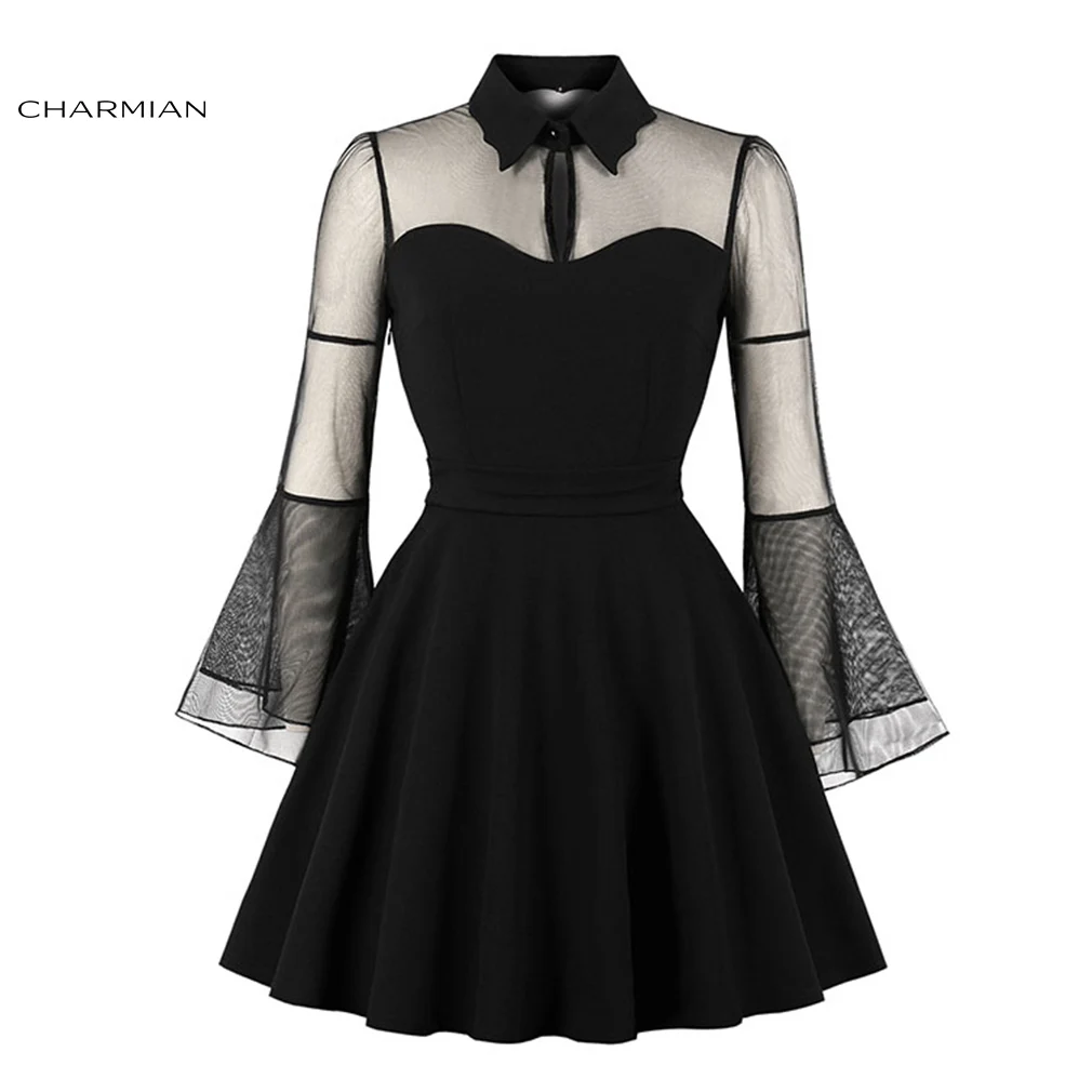 

Charmian Women's Gothic Black See-through Flare Sleeve Dress Plus Size Party Rockabilly Party Dress Lace Little Black Dresses