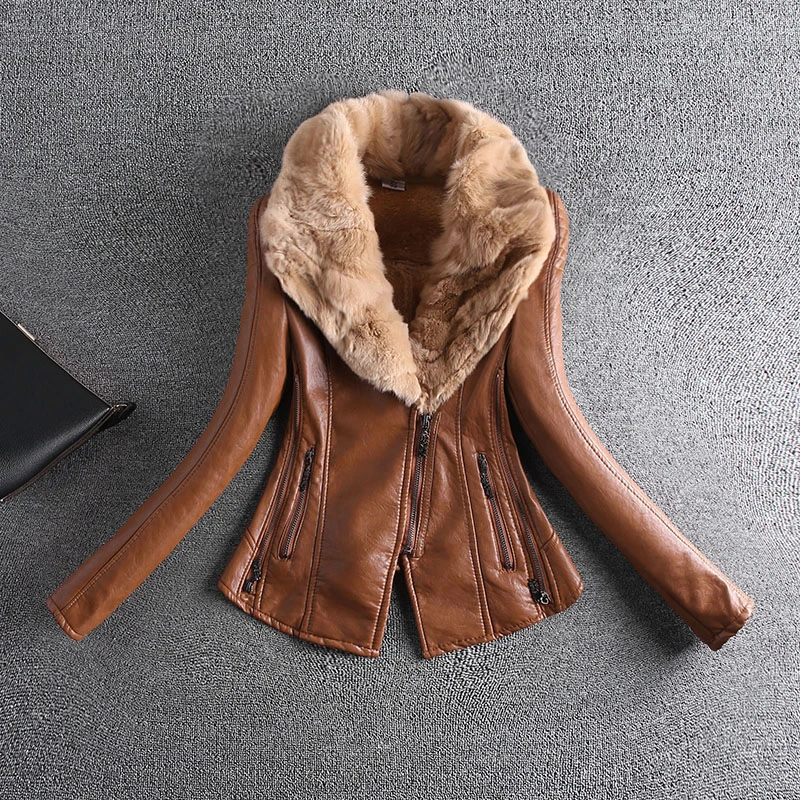 2017 autumn and winter new slim fur collar leather PU short jacket