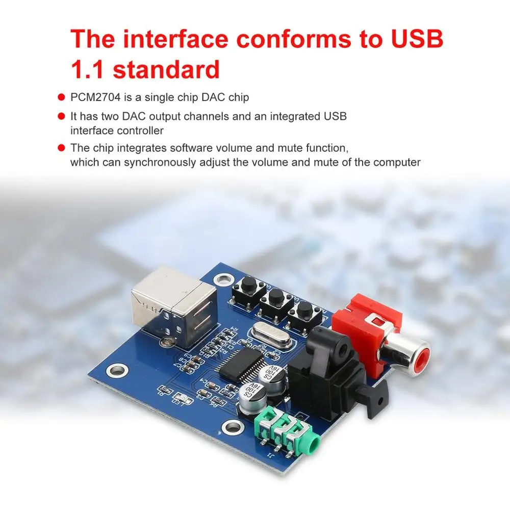 

PCM2704 Audio DAC USB to S/PDIF Sound Card HIFI DAC Decoder Board 3.5mm Analog Coaxial Optical 16bit 32KHz/44.1KHz/48KHz A8-10