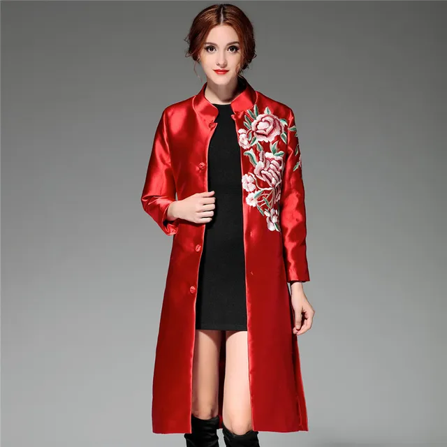 Vintage Chinese Style Women Long Trench coat,floral Embroidery Single