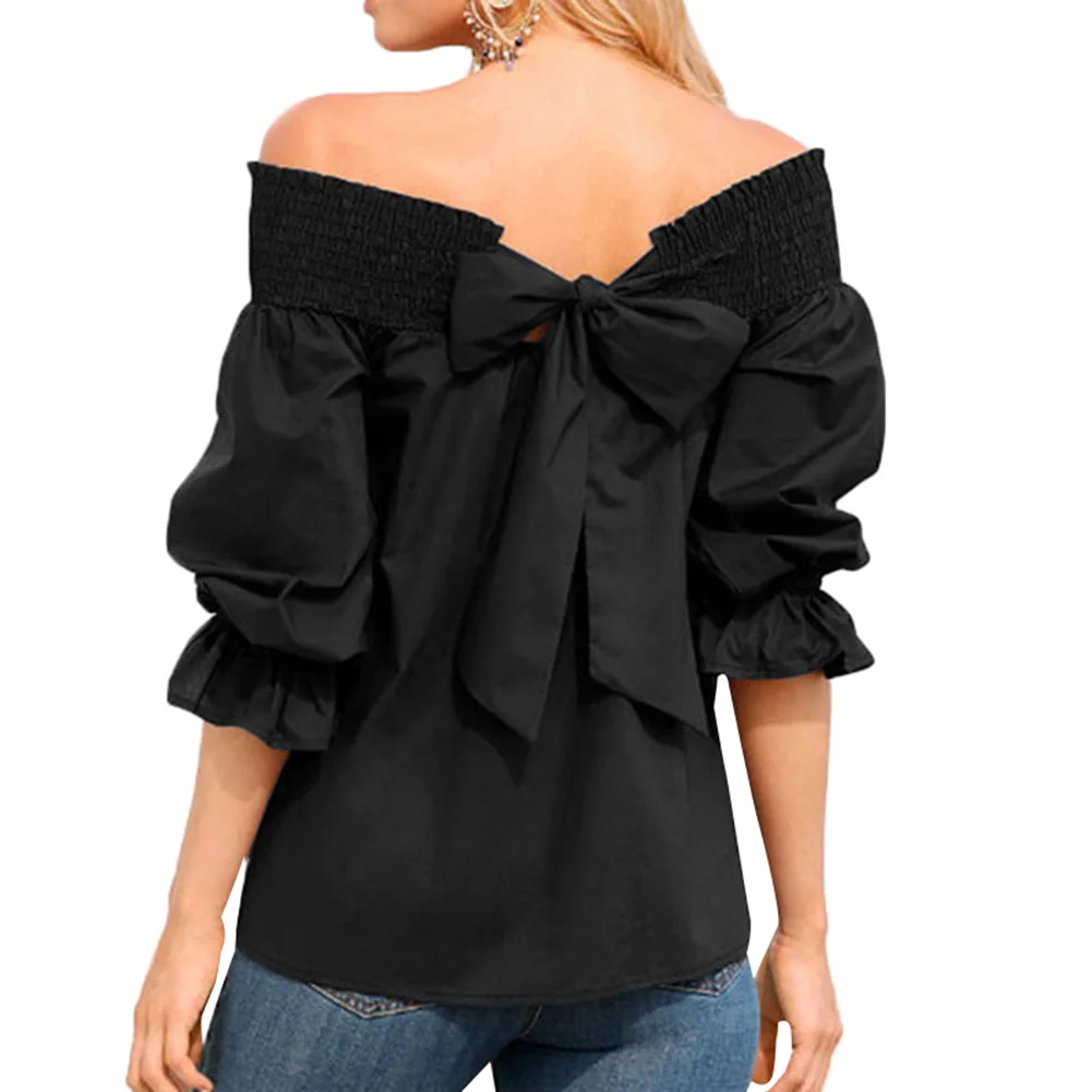 

Anself 2019 Sexy Women Off Shoulder Blouse Bow Back Flare Sleeve Slash Neck Womens Tops and Blouses Casual Loose Summer Shirts