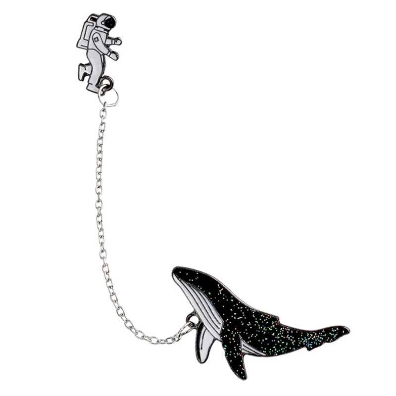

Cartoon Animal Whales Cosmic Space Astronaut Brooch Black Enamel Pin Button Chain Denim Coat Collar Pins Badge Jewelry Gift