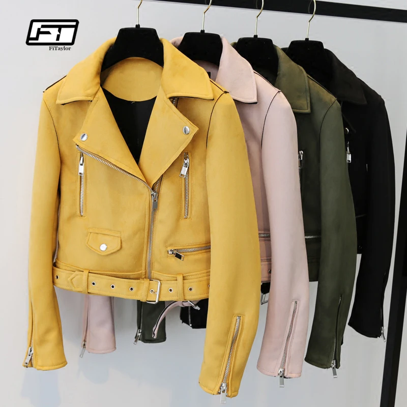 

Fitaylor Yellow Suede Leather Jacket Women Slim Zipper Biker Coat Black Motorcycle Biker Belted Short Coats Basic Street Outwear
