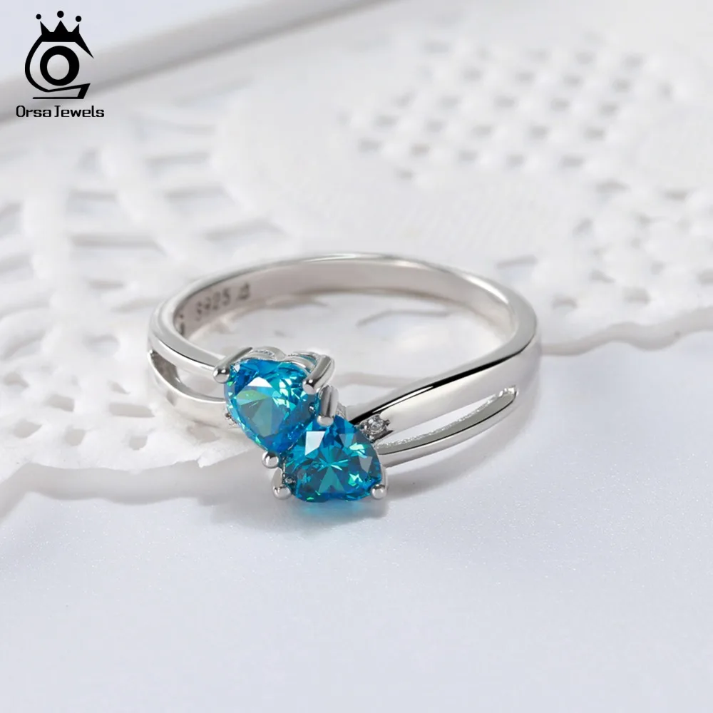 ORSA JEWELS Real 925 Sterling Silver Women Rings Romantic Double Heart Design AAA Blue Cubic Zircon Fashion Ring Jewelry SR58-L