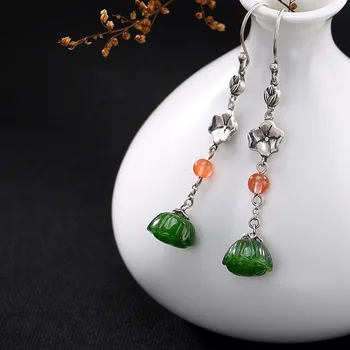 

S925 pure silver inlay restoring ancient ways ms hetian white natural stone lotus earrings women's fashion jewelry