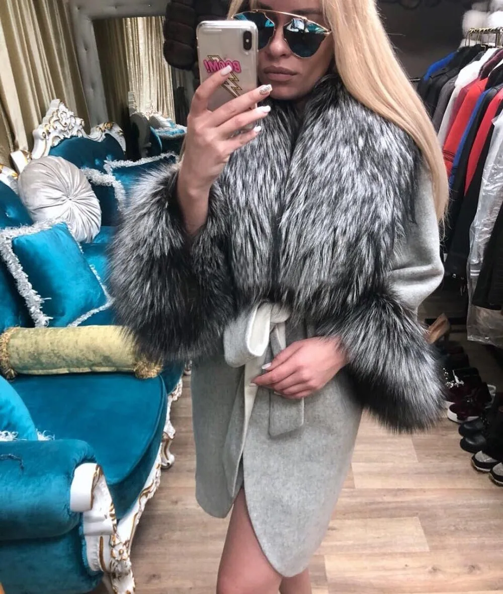 Hot Sale Cashmere Coat Women Sleeve Collar Natural Real Fox Fur Loose Genuine Leather Jacket Women Overcoat Real Fur Coat