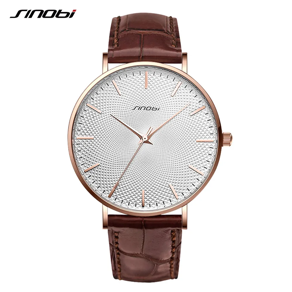 SINOBI, новые мужские часы с сеткой, простой дизайн, 316L, сталь, кожа, водонепроницаемые часы, мужские импортные кварцевые часы, часы, подарки - Цвет: White Brown Leather