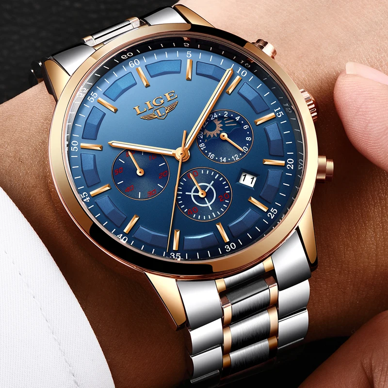 

LIGE Watch Men Fashion Sport Quartz Clock Mens Watches Top Brand Luxury Full Steel Waterproof Gold Wrist Watch Relogio Masculino