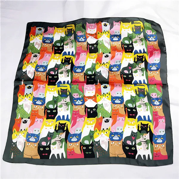 LEAYH Горячая маленький квадратный шарф 70*70 см милый кот печати атласные шелковые шарфы Femme женская обёрточная бумага платок Бандана с животным - Цвет: 1 Colorful Cat