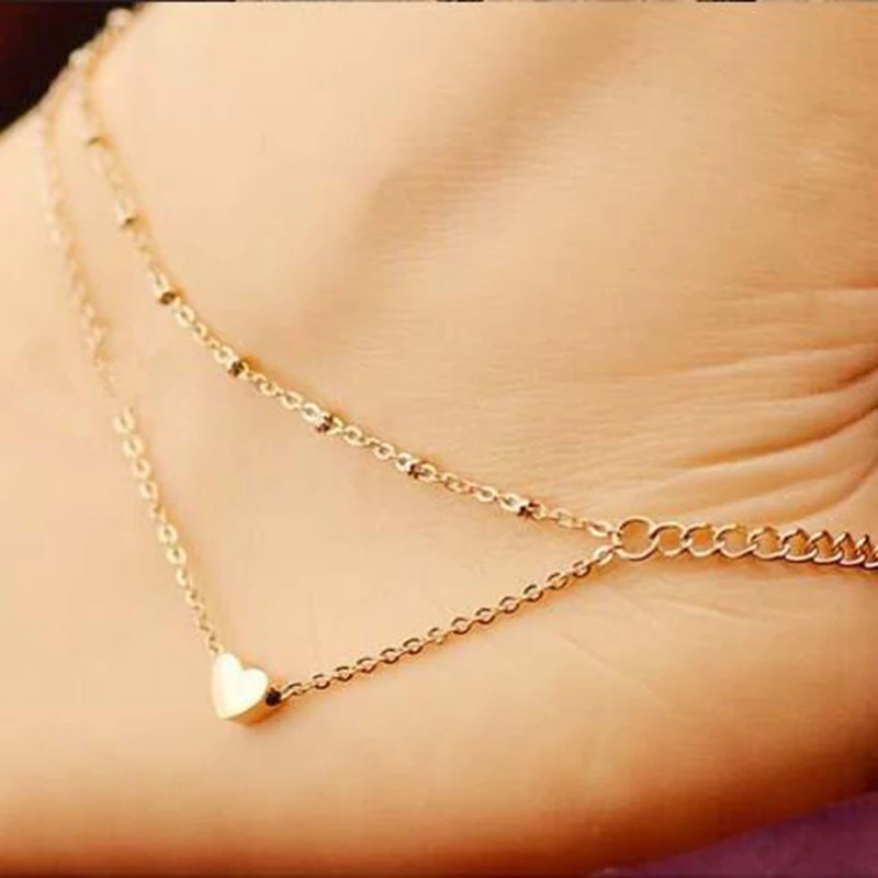 

Simple Love Heart Beads Chain Anklet For Women Bohemia Double Layer Link Chain Anklets For Summer Beach Jewelry Dropshipping
