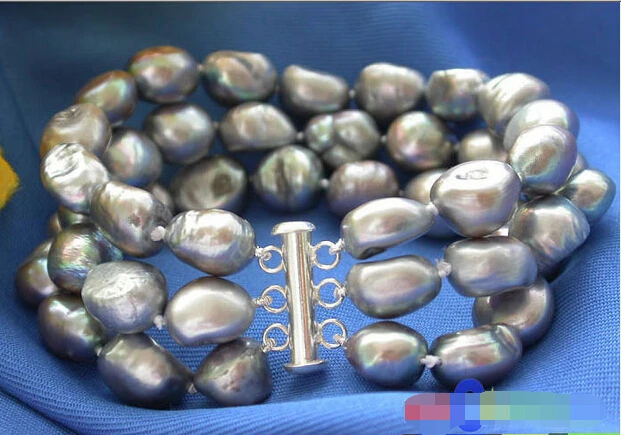 

3ROW 13MM GRAY BAROQUE FRESHWATER PEARL BRACELET 925SC P2082 Noble style Natural Fine jewe Fast (D) SHIPPING