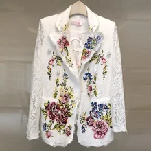 Runway Blazer Women Long Sleeve Notched Flower Embroidery Lace coats Pearls Blazer Shawl Collar Pocket Floral Jackets Coat