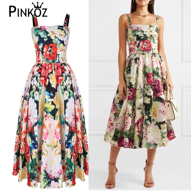 

Pinkoz Flower Print Drees Print Retro Dress Women Designer Dresses Runway 2019 Party Dress Spaghetti Strap mid dress