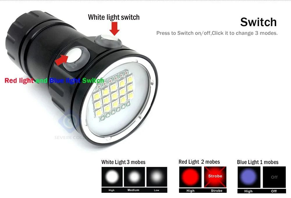 Светодиодный светильник для дайвинга, многофункциональный светильник для дайвинга, белый, красный, синий, светильник-вспышка, 3 режима, IPX8, водонепроницаемый фонарь