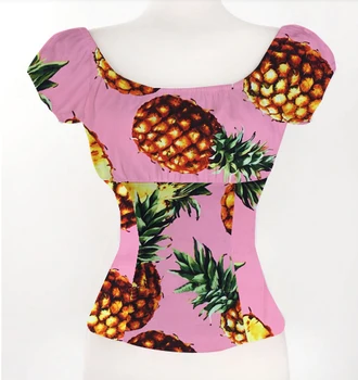 

Candow Look Woman Pink Pineapple Lemon Print Off Shoulder Ruffled SexyTops Low Back White Pin Up Rockabilly Peasant Blouse