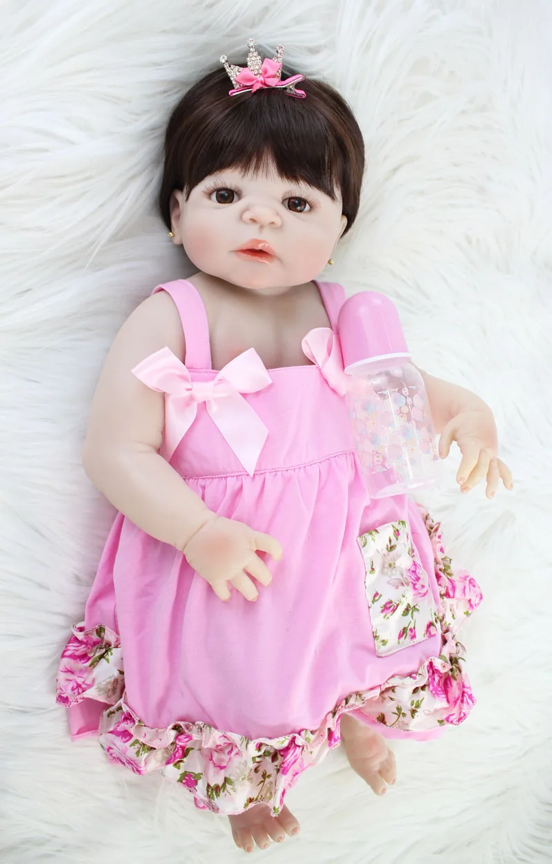 55 см полный силиконовые Reborn Baby Doll Игрушки мягкие виниловые новорожденных принцесса коричневые волосы Девочка Младенцы Bebe, живой купать